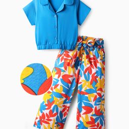 OLLINGTON ST. Cotton Knit Half Sleeves Top & Floral Printed Knit Culottes Set with Belt - Blue & Multicolor-picture-37