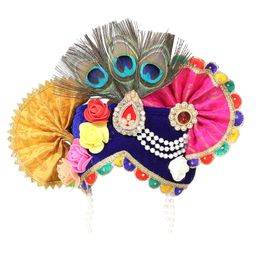 RAJ FANCY DRESSES Lord Krishna Theme Stones Embellished Floral Applique Detailed Turban - Blue & Yellow-image-48