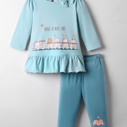 CUCUMBER Interlock Knit Full Sleeves Frock & Leggings with Cat Print & Bow Applique - Light Blue-picture-14