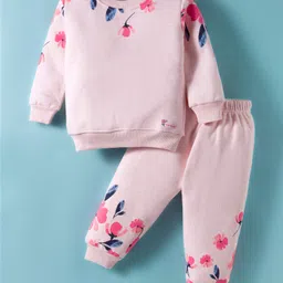 Little Darlings Fleece Knit Full Sleeves Winter Wear T-Shirt & Lounge Pant Set With Floral Print - Pink-picture-16