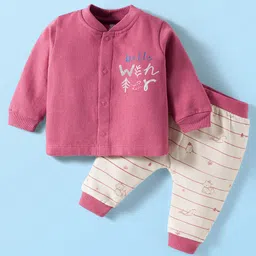 I Bears Fleece Knit Full Sleeves Winter Wear Sweatshirt & Joggers Set With Hello Winter Text Print - Pink & White-picture-14