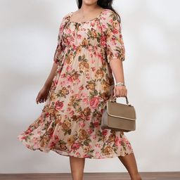 Globus Women Beige Square Neck Floral Print Plus Size Fit & Flare Midi Dress-image-61