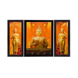 eCraftIndia Set of 3 Yellow Lord Buddha UV Wall Art-58