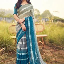 Satrani Teal Blue & Grey Striped Saree With Unstitched Blouse-picture-25