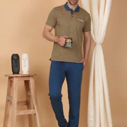 Sweet Dreams Mustard & Blue Regular Fit Striped Nightwear Set-image-58