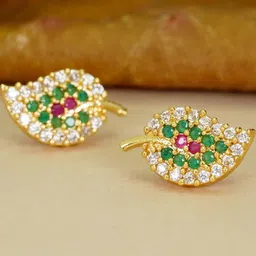Sangria Gold Plated American Diamond Leaf Shaped Studs Earrings-image-19
