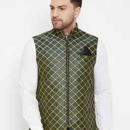 VASTRAMAY Green Cotton Straight Fit Self Pattern Nehru Jacket-image-50