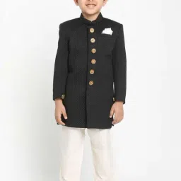 VASTRAMAY Kids Black Self Pattern Sherwani Set-image-63