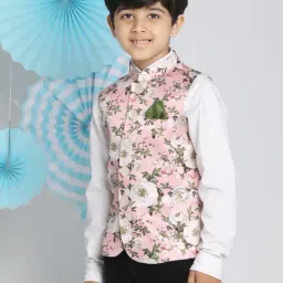 VASTRAMAY Kids White & Pink Floral Print Nehru Jacket-image-84