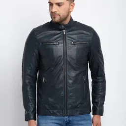 Teakwood Leathers Dark Blue Mandarin Collar Leather Jacket-picture-24
