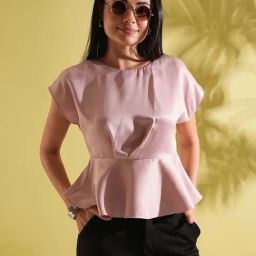 Globus Women Pink Satin Round Neck Extended Sleeves Peplum Work Wear Top-picture-16