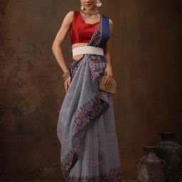 Silk Land Grey Floral Ready To Wear Saree with Unstitched Blouse-picture-24