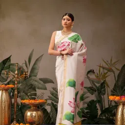 Silk Land Off White Floral Ready To Wear Saree with Unstitched Blouse-image-90