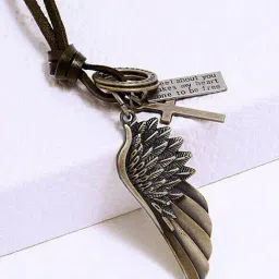 Peora Vintage Angel Wing Cross Pendant Brown Leather Cord Necklace Chain-image-34