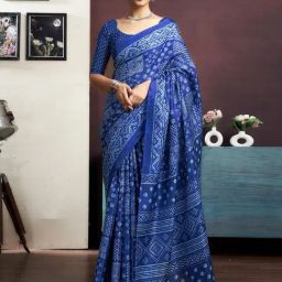 Satrani Blue Silk Blend Printed Saree With Unstitched Blouse-image-5