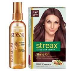 Streax Vitalized Hair Serum 100 ml & Shine On Cream Hair Colour 120 ml - Cinnamon Red 5.66-58