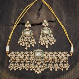 Kushal's Fashion Jewellery Green Victorian Polished Kundan Necklace & Earring Set-picture-44