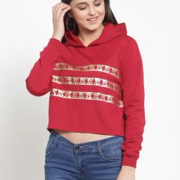 KASSUALLY Maroon Fleece Printed Crop Sweatshirt-image-24