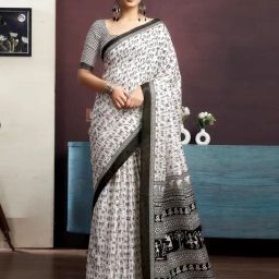 Satrani White Silk Blend Printed Saree With Unstitched Blouse-picture-27