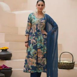 Rain and Rainbow Blue Cotton Embroidered Kurta & Pant Set With Dupatta-image-25