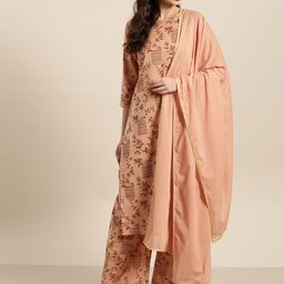 Sangria Women Dusty Pink & Brown Pure Cotton Printed Kurta with Palazzos & Dupatta-image-45