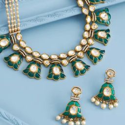 Kushal's Fashion Jewellery Green Victorian Polished Kundan Necklace & Earring Set-picture-2