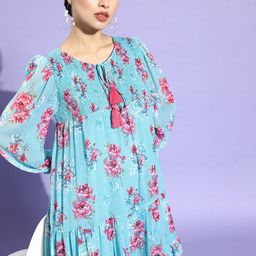 Antheaa Women Turquoise Blue Floral Waisted Dress-image-90