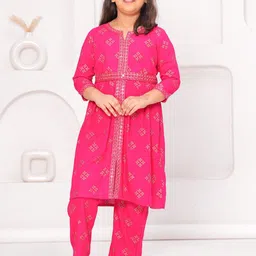 BAESD Girls Ethnic Motifs Embroidered Mirror Work A-Line Kurta with Trouser-image-3