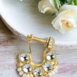 House of Pataudi Gold-Plated Kundan Studded & Pearls Beaded Ring Nosepin-29
