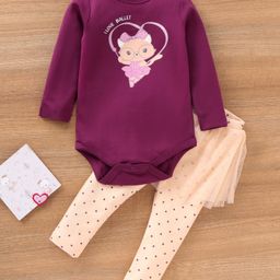 Babyoye Eco Conscious with Eco Jiva finish 100% Cotton Full Sleeves Onesies with Legging Cat Print - Purple-image-15