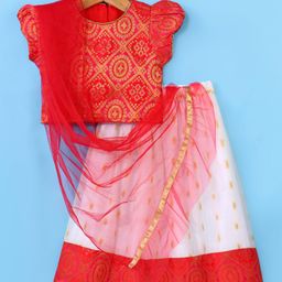 Babyhug 100% Cotton Woven Short Sleeves South Pavda Pattu & Lehenga Set Embroidery Detailing - Red-image-52