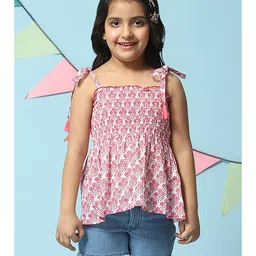BIBA Sleeveless Floral Motif Printed Smocked Top -  Pink & Off White-picture-1