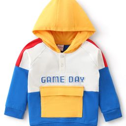 Babyhug Cotton Knit Full Sleeves Puffed Text Printed Hooded Sweatshirt with Cut & Sew Design - White & Blue-picture-4