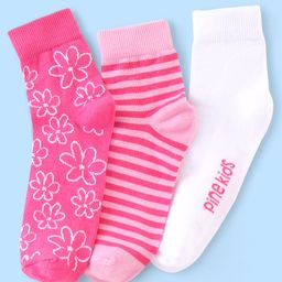 Pine Kids Cotton Spandex Knit High Ankle Socks Stripes & Floral Design Pack Of 3 - Pink & White-picture-0
