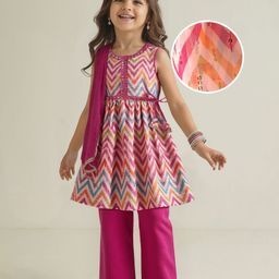Babyhug Woven Sleeveless Dhari Printed Kurti Palazzo Set With Sequin Detailing & Dupatta - Dark Pink-image-81