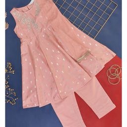 Akkriti by Pantaloons Sleeveless Floral Embroidered Sequin Embellished Kurta With Solid Churidar & Lace Detailed Dupatta - Peach-image-2