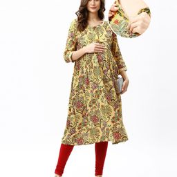 Bella Mama Woven Three Fourth Sleeves Embroidery Detailing With Highlighted Yoke Maternity Kurta - Yellow-image-2