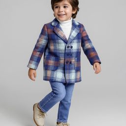 Babyhug Woven Solid T-Shirt & Jeans Set With Full Sleeves Checks Blazer - White-image-93