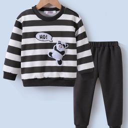 Kookie Kids Full Sleeves Striped Winter Wear T-Shirt & Lounge Pant Set with Panda Patch- Charcoal Grey-image-65
