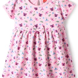 Babyhug Interlock Knit Half Sleeves Frock With Floral & Buttrefly Print & Bow Applique - Pink-image-91