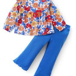 Babyhug Cotton Knit Full Sleeves Floral Printed Top With Frill Detail & Leggings Set - Multicolor-image-2