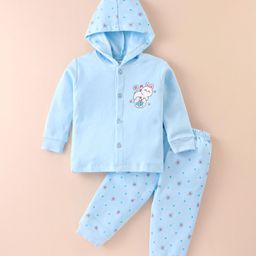 Tango Fleece Knit Full Sleeves Hooded Front Open Winter Night Suit With Polka Dots Hearts & Animal Print - Light Blue-image-55