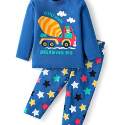 Babyhug Cotton Knit Full Sleeves Night Suit Vehicle & Star Print - Blue-image-63