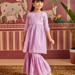 MASTARANG Cotton Lurex Three Fourth Sleeves Floral Swirl Embroidered Mock Jacket Frock Style Kurta With Palazzo - Lavender-image-1