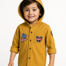 Babyhug Cotton Woven Full Sleeves Hooded Shirt with Text Patch - Yellow-image-18