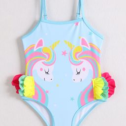 Mark & Mia Singlet V Cut Swimsuit with Frill Detailing & Unicorn Print - Light Blue-image-20