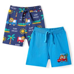 Babyhug Cotton Knit Mid Thigh Shorts with Beach Theme Print Pack of 2 - Navy & Light Blue-image-15