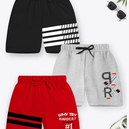 Trampoline Cotton Blend Pack Of 3 Striped & Typography Printed Shorts - Red Grey & Black-image-17