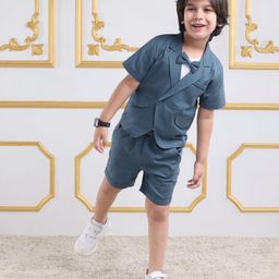 Mark & Mia Cotton Woven Half Sleeves Blazer T-Shirt with Attached Bow & Shorts - White & Blue-image-82