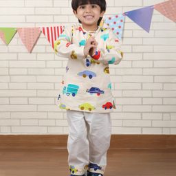 Polka Tots Cotton Woven Full Sleeves Vehicles Printed Kurta Pajama Set - Yellow-image-59